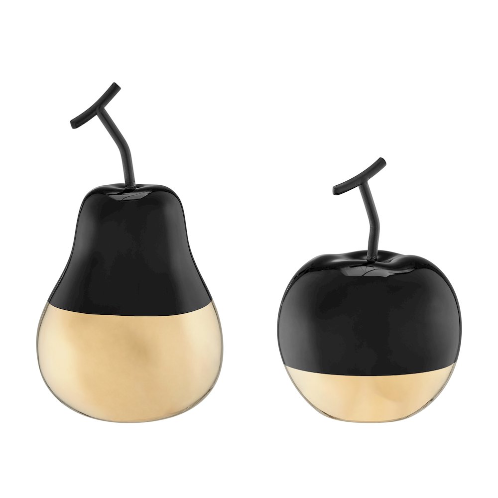 Vost Dipped Fruit Ceramic Sculpture Figure Set of 2 - Small - Black/Gold. Picture 1