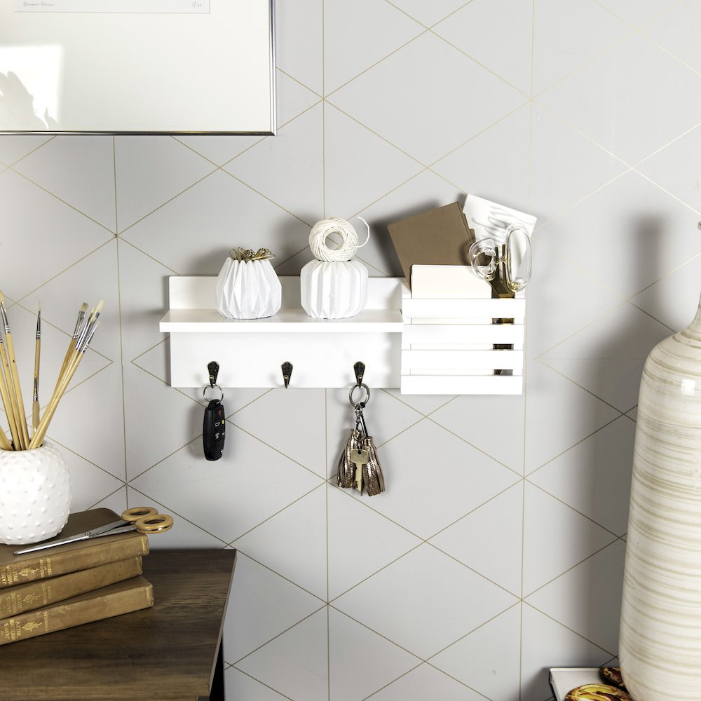Utility Shelf with Pocket and Hanging Hooks - White. Picture 2