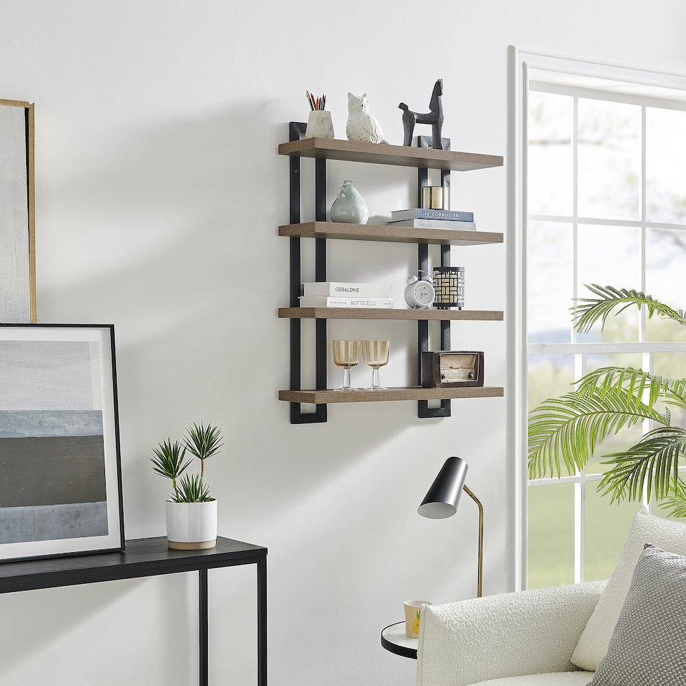4-Tier Floating Bracket Wall Shelf - Black Metal and Walnut Finish. Picture 9