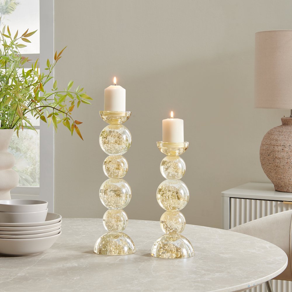 Enya Champagne Gold Tint Bubble Glass Stacked Orb Pillar Candle Holder Set of 2. Picture 4