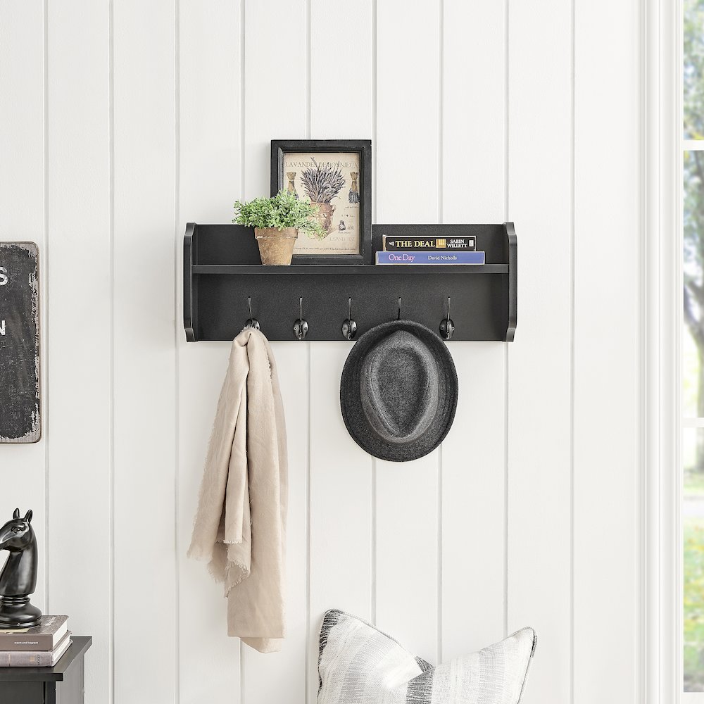 Entryway Floating Utility Wall Shelf with Hooks – Wall Mounted - Black. Picture 2