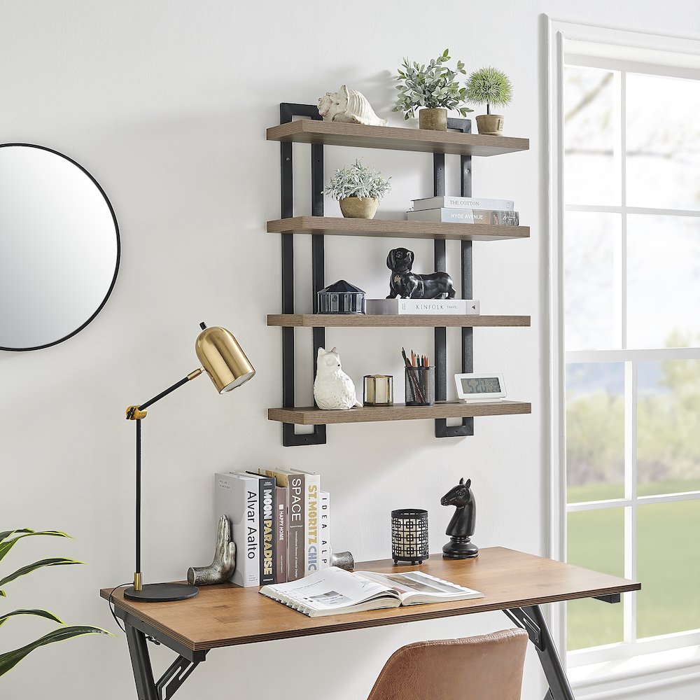 4-Tier Floating Bracket Wall Shelf - Black Metal and Walnut Finish. Picture 6