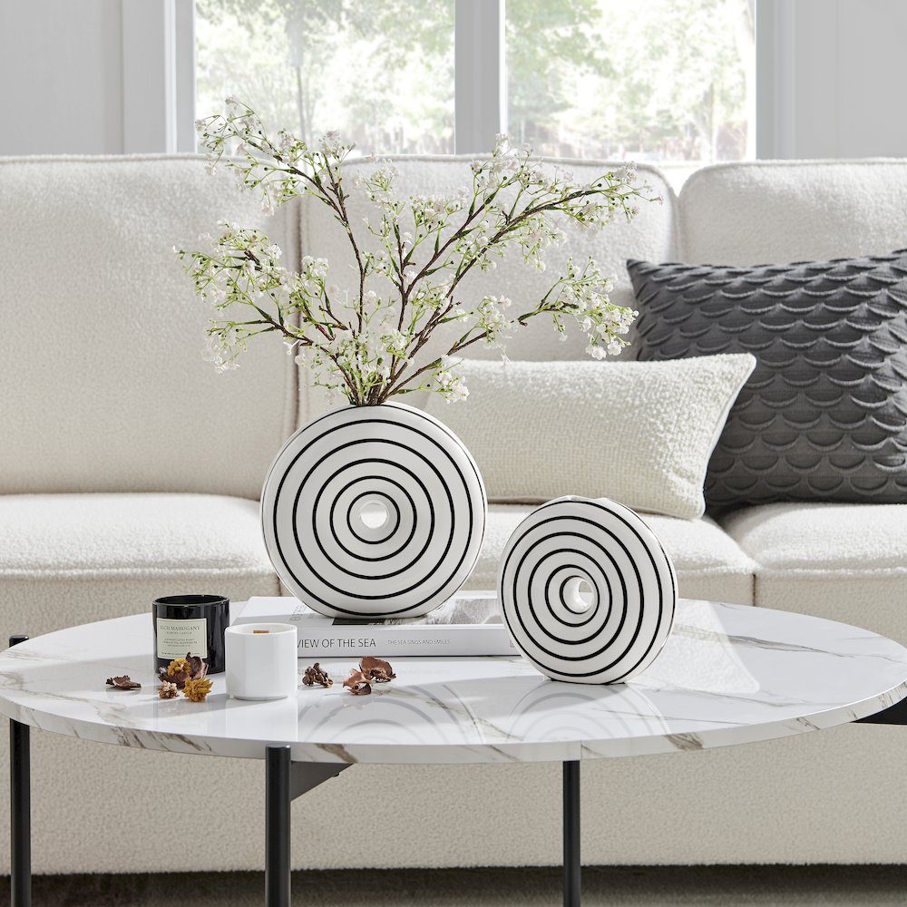 Etta 2 Piece Ceramic Black and White Striped Round Hollow Circle Donut Vase Set. Picture 4