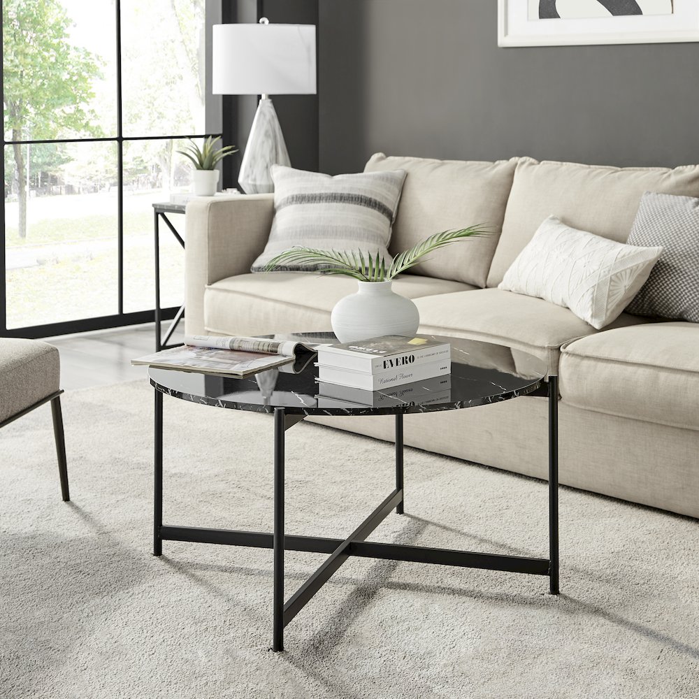 Round Marble Finish Veneer Top Black Metal Large Coffee Table - Black Marble. Picture 3