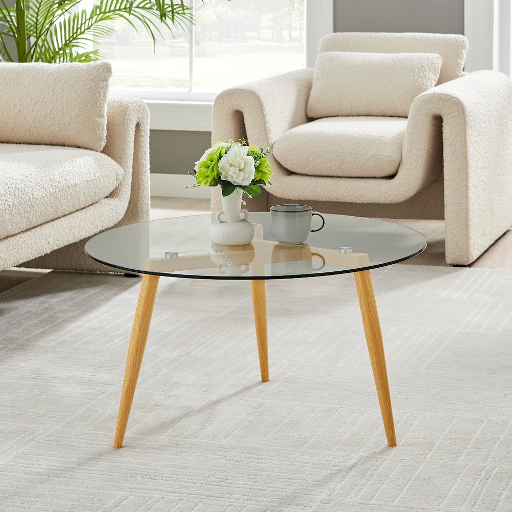 Van Beuren Coffee Table with Metal Taper Legs and Clear Glass Tabletop - Beech. Picture 3