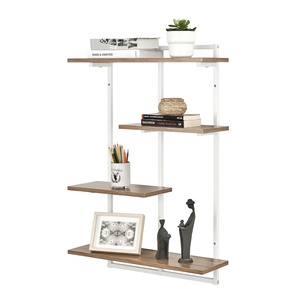 Rhodes 4 Tier Windowsill Wall Shelf White Metal Frame Light Walnut MDF Shelves. Picture 7