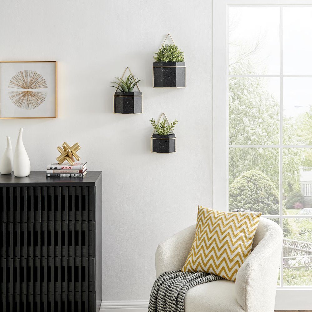 Modern Geometric Black and Gold Metal Wall Planters - Set of 3. Picture 5