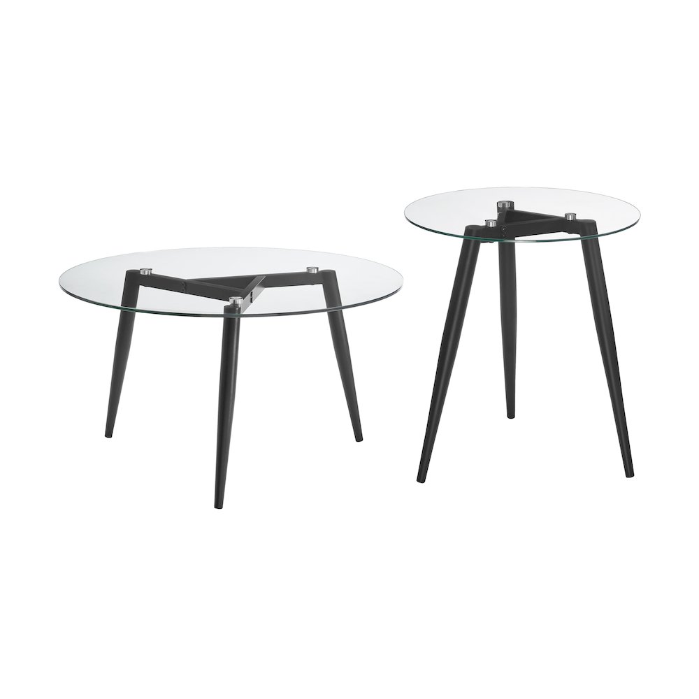 Van Beuren Coffee Side  Table Set Metal Taper Legs Clear Glass Tabletop - Black. Picture 1
