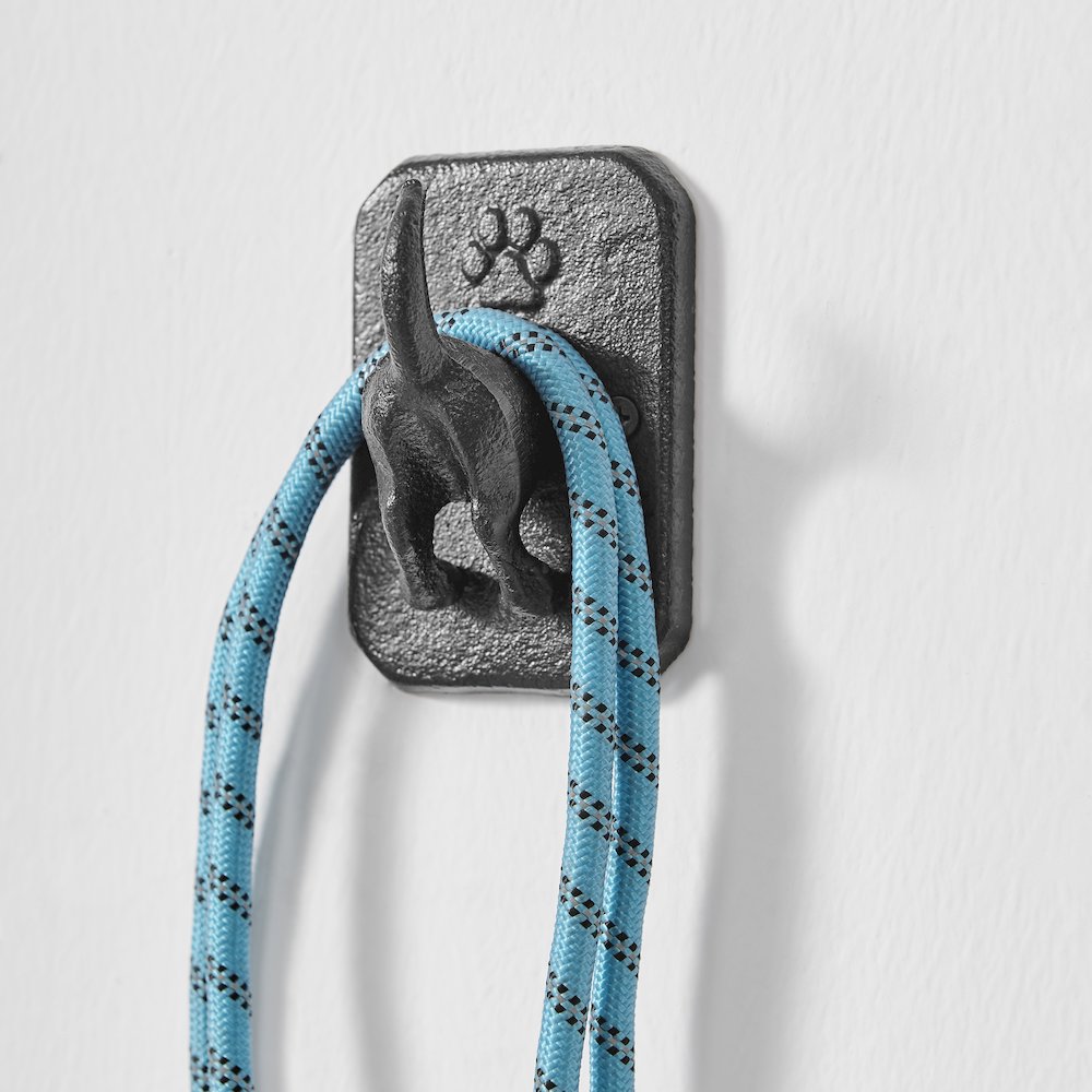 4 Piece Dark Brown Cast Iron Dog Tail Wagging Wall Sculpture Utility Hook Set. Picture 6