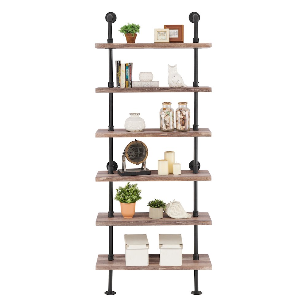 Distressed Wood Finish Rustic 6-Tier Iron Pipe Wall Mount Ladder Shelf. Picture 4