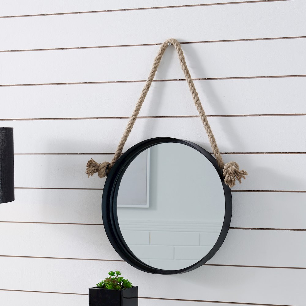 15” Black Iron Framed Round Accent Mirror with Hanging Rope. Picture 2