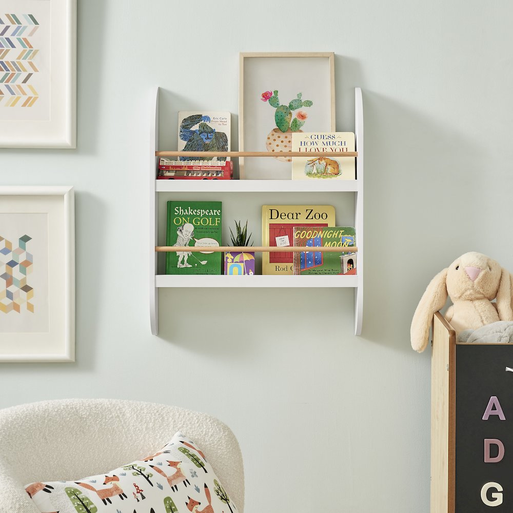 Steiner White Rounded 2-Tier Kids Book Magazine Wall Bookcase - Wood-toned Rods. Picture 3