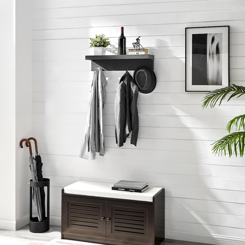 Wall Mounted Entryway Coat Rack with Decorative Ledge Shelf and Hooks - Black. Picture 6
