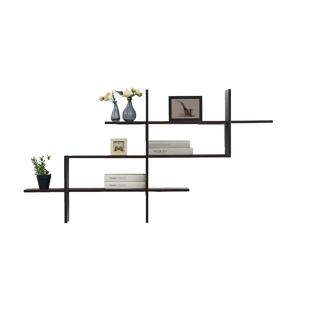 3-Tier Rustic Wall Mount Floating Ladder Asymmetrical Accent Shelf – Walnut. Picture 1