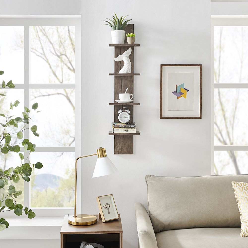 Arica Utility Column 4-Tier Spine Wall Shelves - Hickory. Picture 6