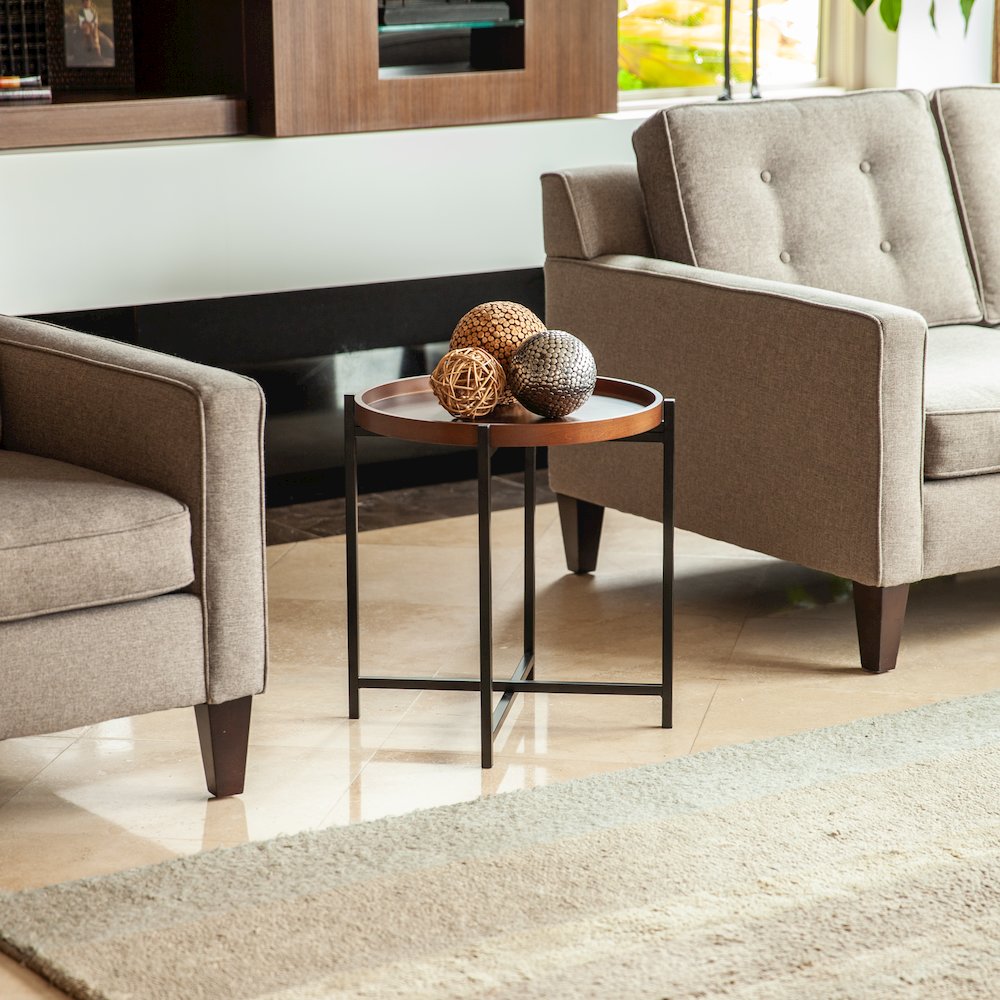 Mid-century Modern Round Side Table with Removable Wood Tray. Picture 3