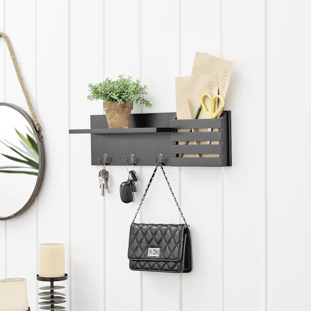 Utility Shelf with Pocket and Hanging Hooks - Black. Picture 3