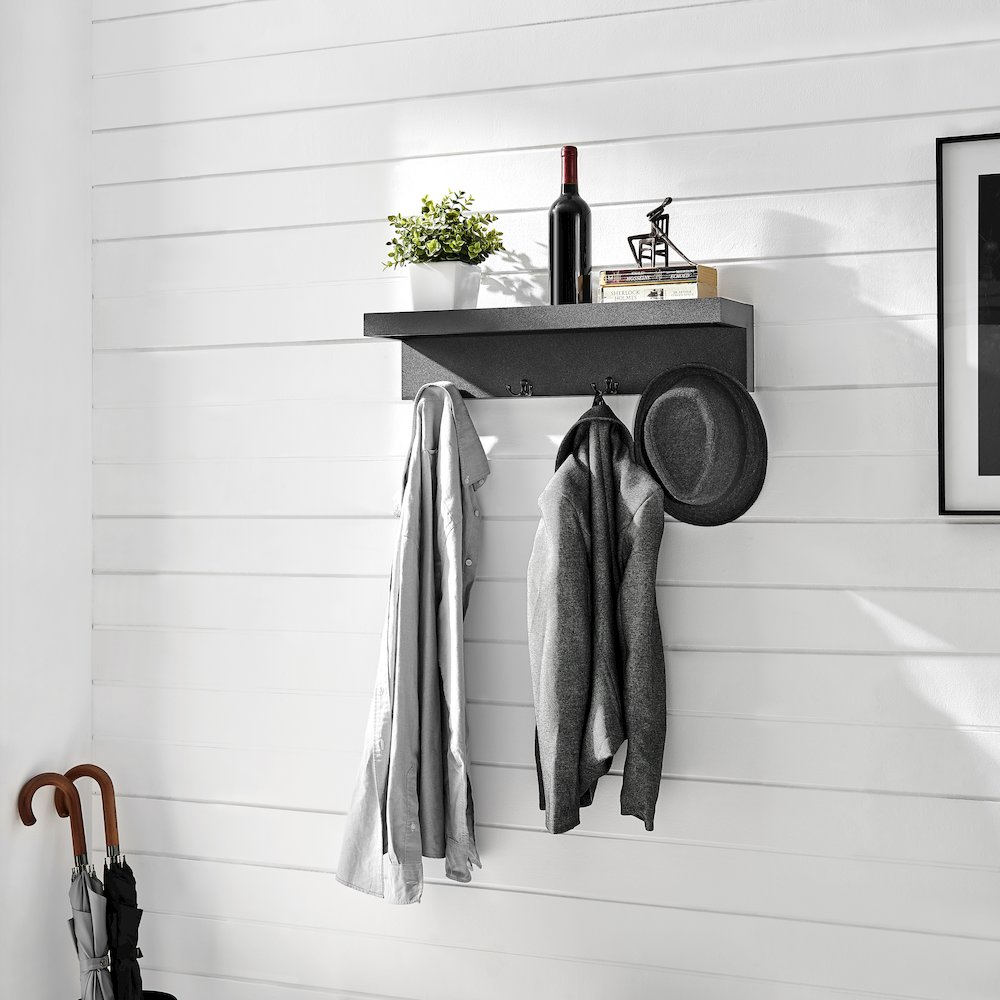 Wall Mounted Entryway Coat Rack with Decorative Ledge Shelf and Hooks - Black. Picture 4