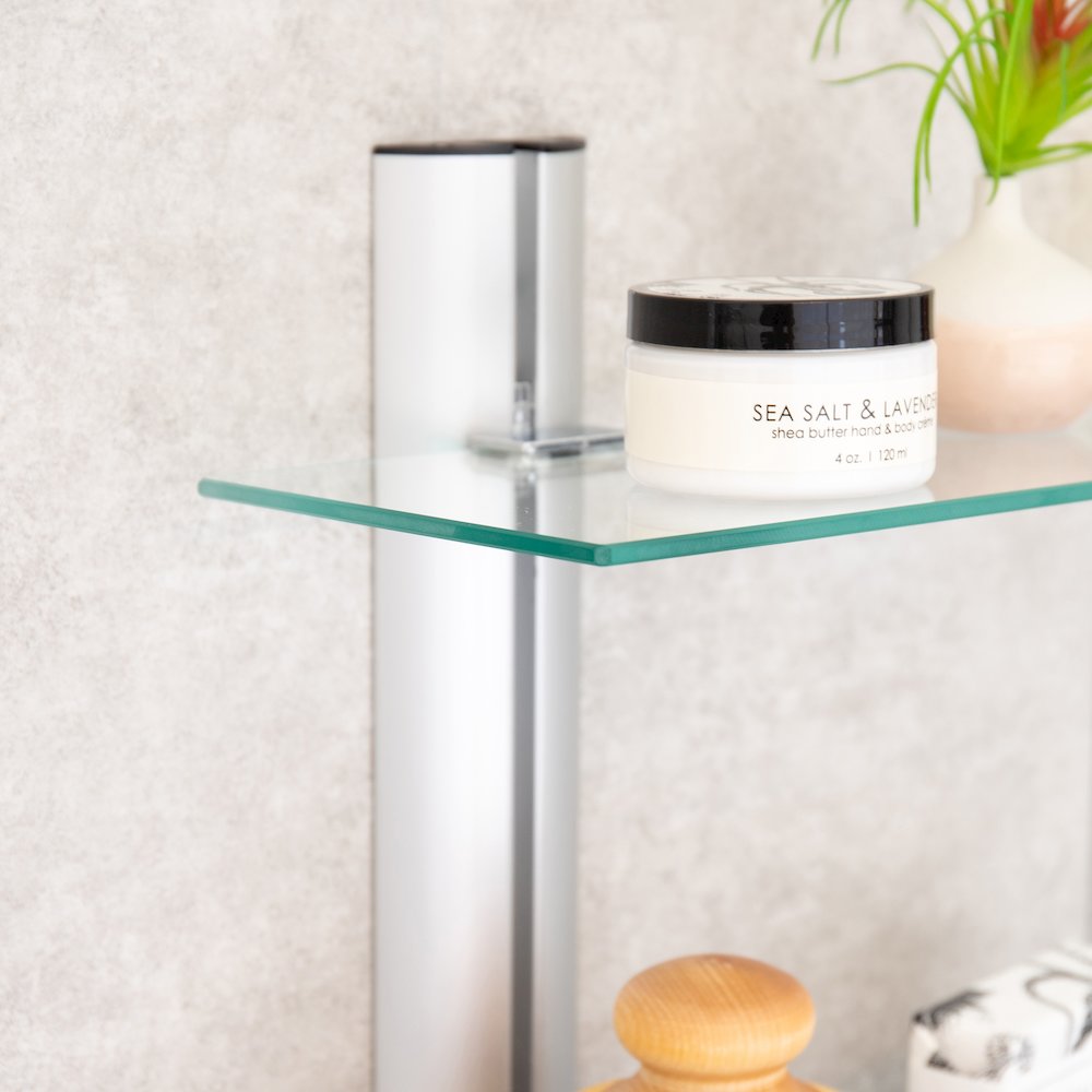 Bathroom Wall-Mount 3-Tier Adjustable Glass Wall Shelves on Aluminum Bars. Picture 5