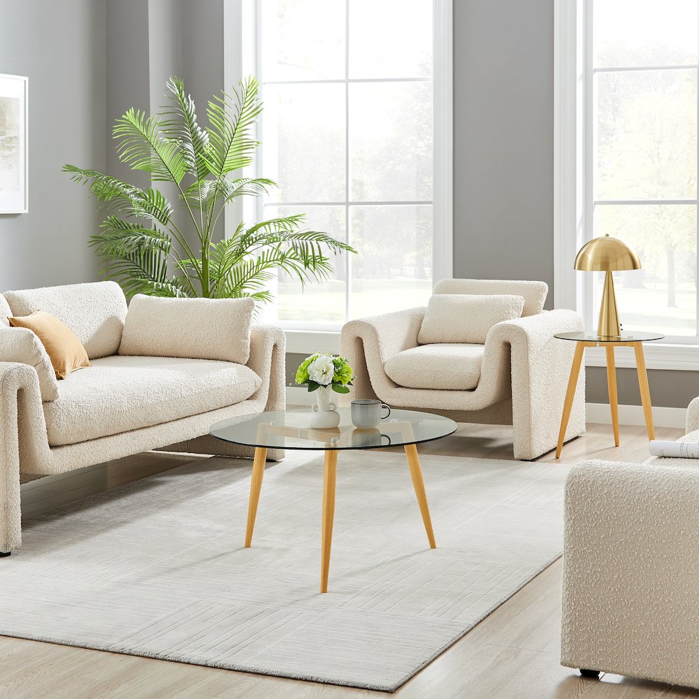 Van Beuren Coffee Table with Metal Taper Legs and Clear Glass Tabletop - Beech. Picture 4