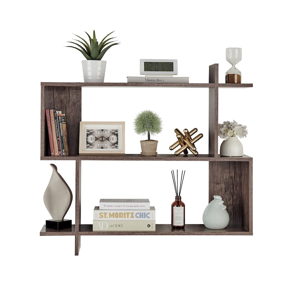 Manasa Floating Geometric Kilter Two-Tier Wall Shelf - Hickory. Picture 7