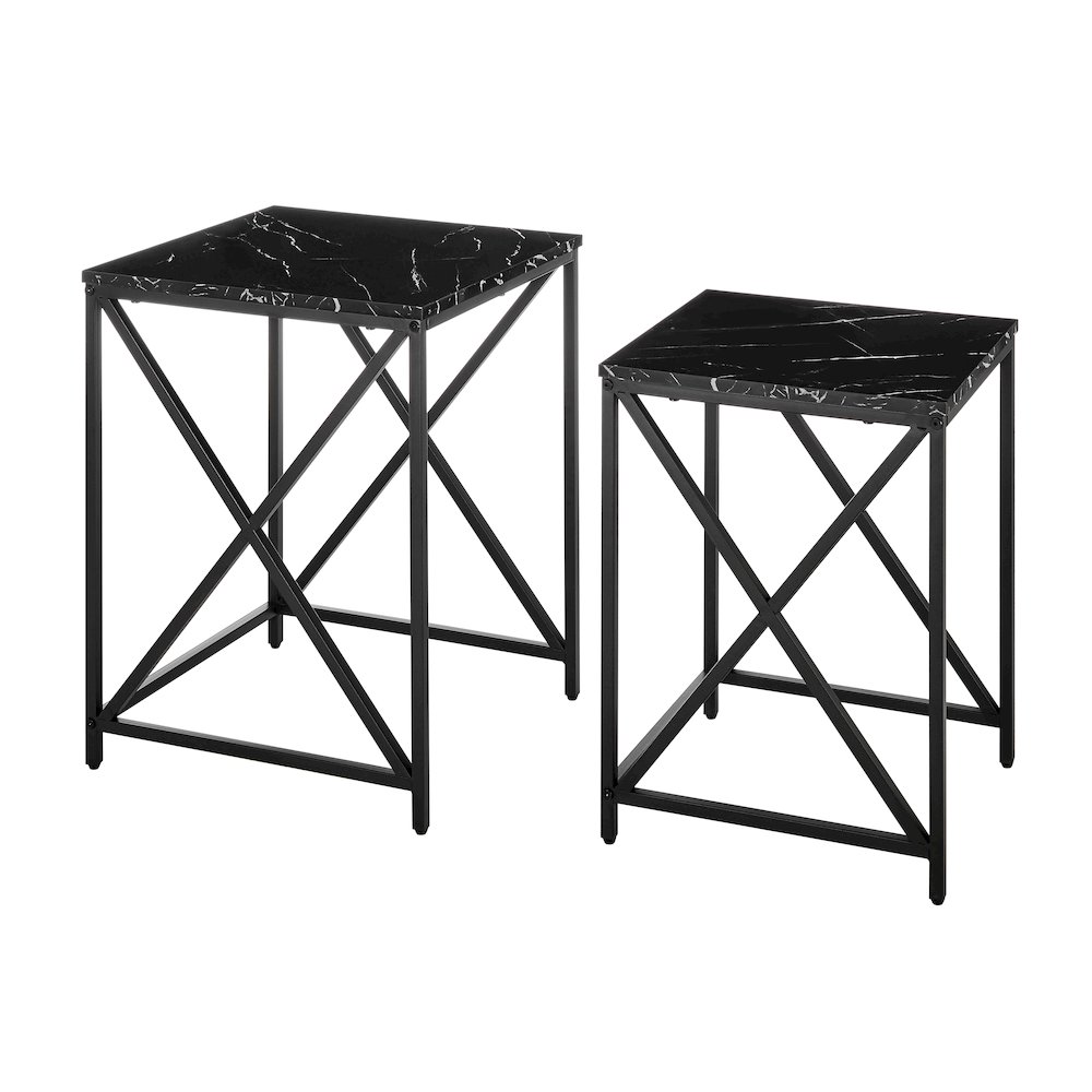 Modern Square Veneer Black Metal Frame Nesting End Tables Black Marble Set of 2. Picture 13