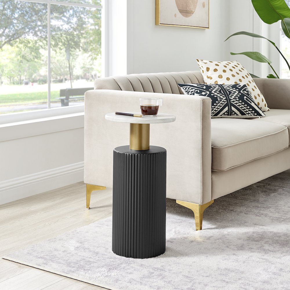 Fritz Column Side Accent Table Black Base Gold Metal Column Faux Marble Laminate. Picture 2