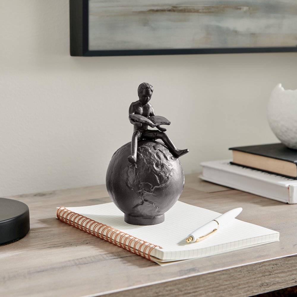 Brown Cast Iron Boy Reading on Globe Sculpture or Decorative Paperweight. Picture 2