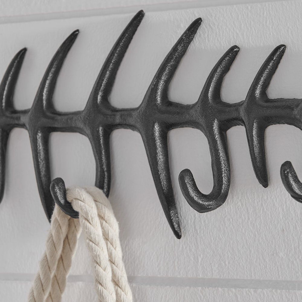 Dark Brown Cast Iron Fishbone Wall Sculpture Utility Hook Unit with 4 Hooks. Picture 6