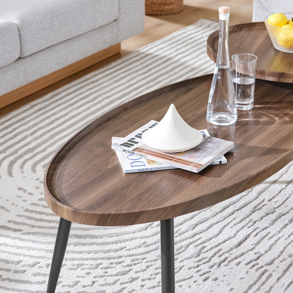 Paxton Nesting Raised Lip 2 Piece Coffee Table Set - Round and Oval - Walnut. Picture 9