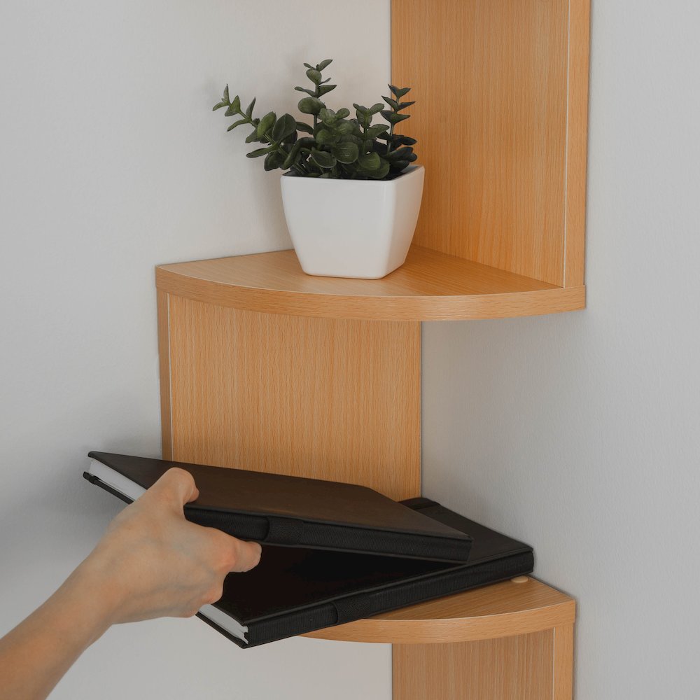 Large Laminated Beech Veneer Corner Wall Mount Shelf. Picture 7
