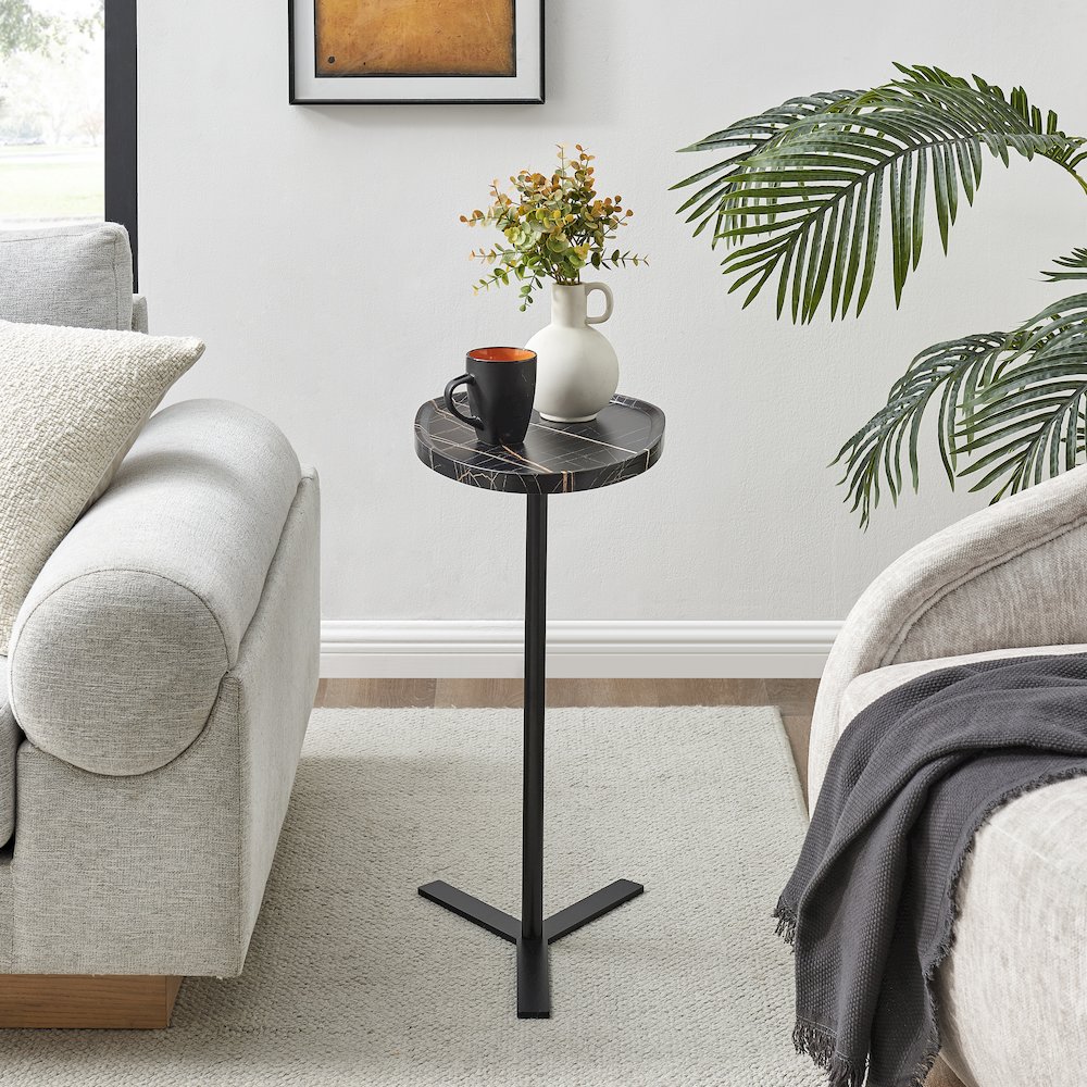 Carter Oval Teardrop Couch-Side Accent C-Table Y-Shape Leg - Black Marble/Black. Picture 5
