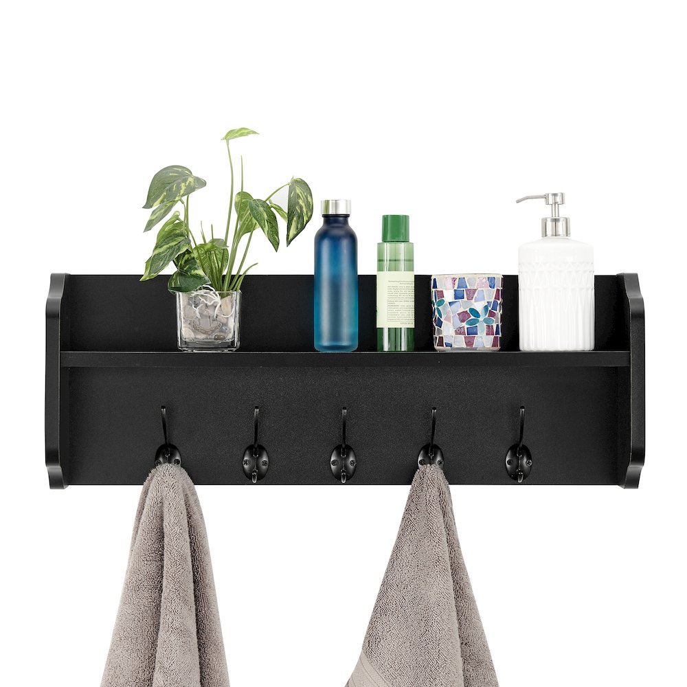 Entryway Floating Utility Wall Shelf with Hooks – Wall Mounted - Black. Picture 11