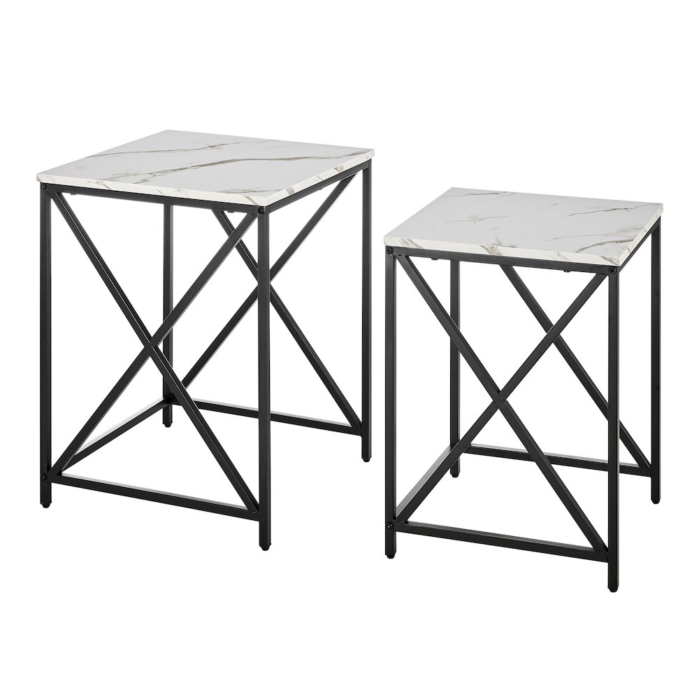 Modern Square Veneer Black Metal Frame Nesting End Tables White Marble Set of 2. Picture 13
