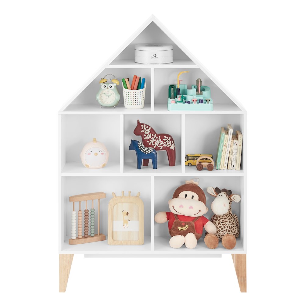 Steiner White Dollhouse 8-Compartment Kids Freestanding Bookshelf - Beech Legs. Picture 10