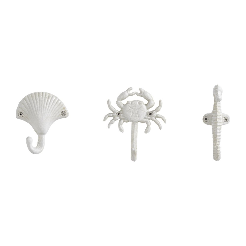 White Iron Nautical Decorative Wall Hook Set of 3 - Seashell, Crab, Seahorse. Picture 1