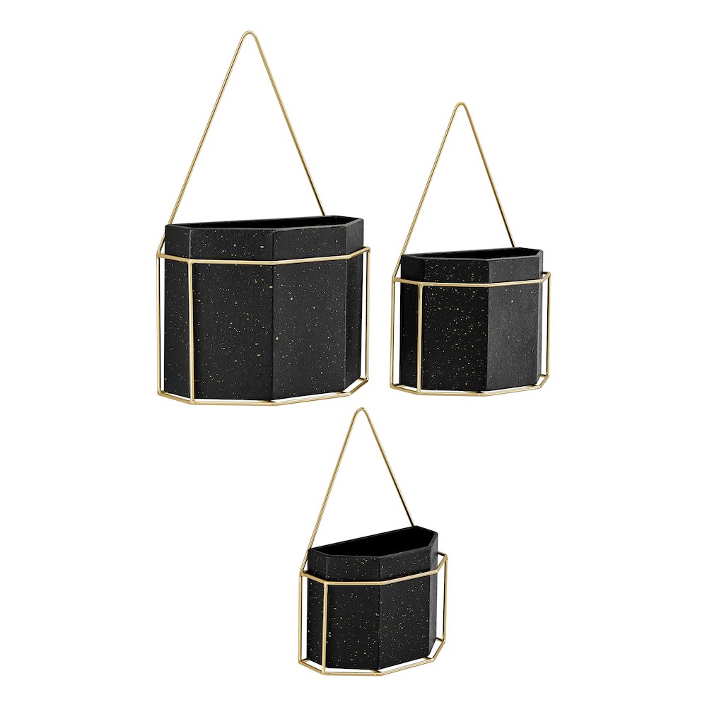 Modern Geometric Black and Gold Metal Wall Planters - Set of 3. Picture 13