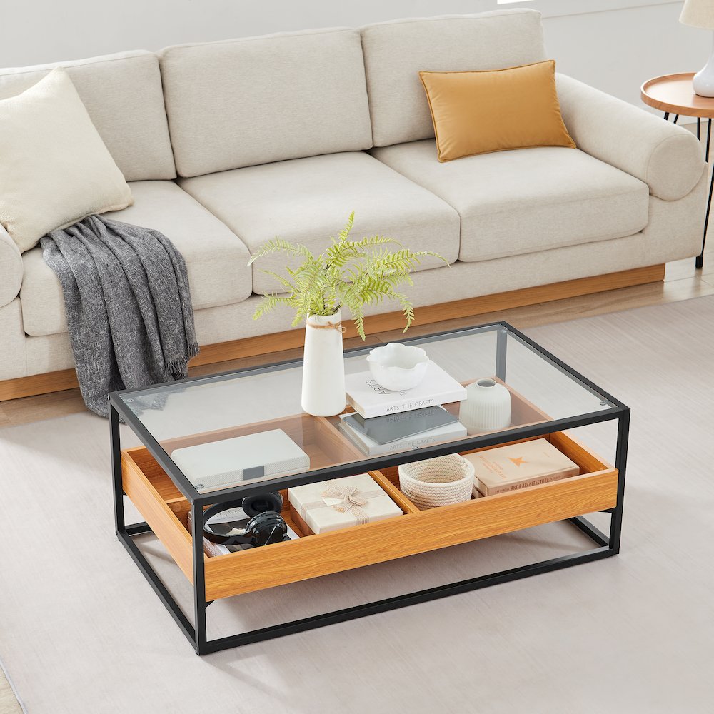 Saarinen 2-Level Glass Display Shelf Rectangle Low Coffee Table - Golden Oak. Picture 4