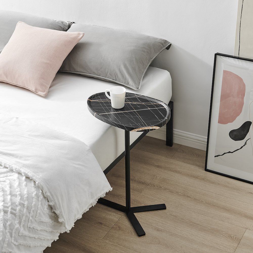 Carter Oval Teardrop Couch-Side Accent C-Table Y-Shape Leg - Black Marble/Black. Picture 3