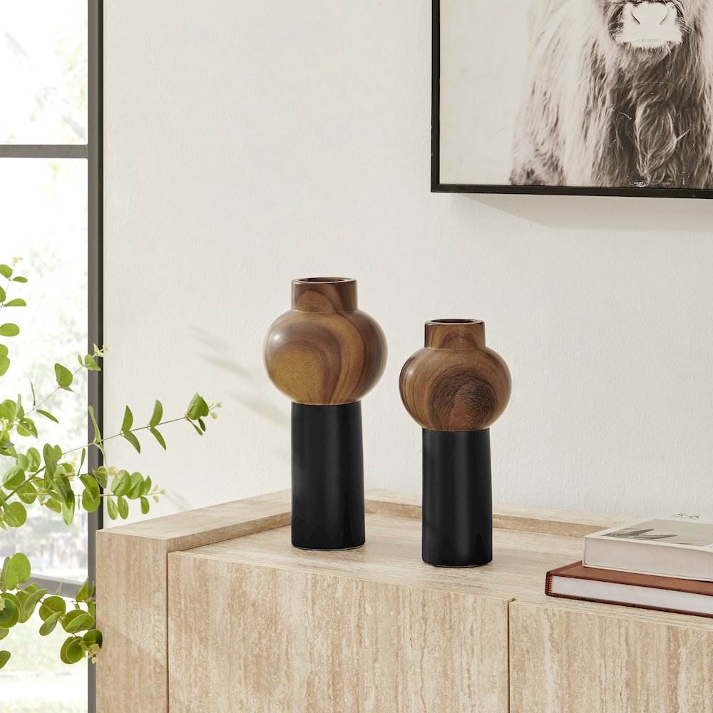 Milo Slickpin 2 Piece Modern Two Tone Tabletop Vase Set - Black and Walnut. Picture 3