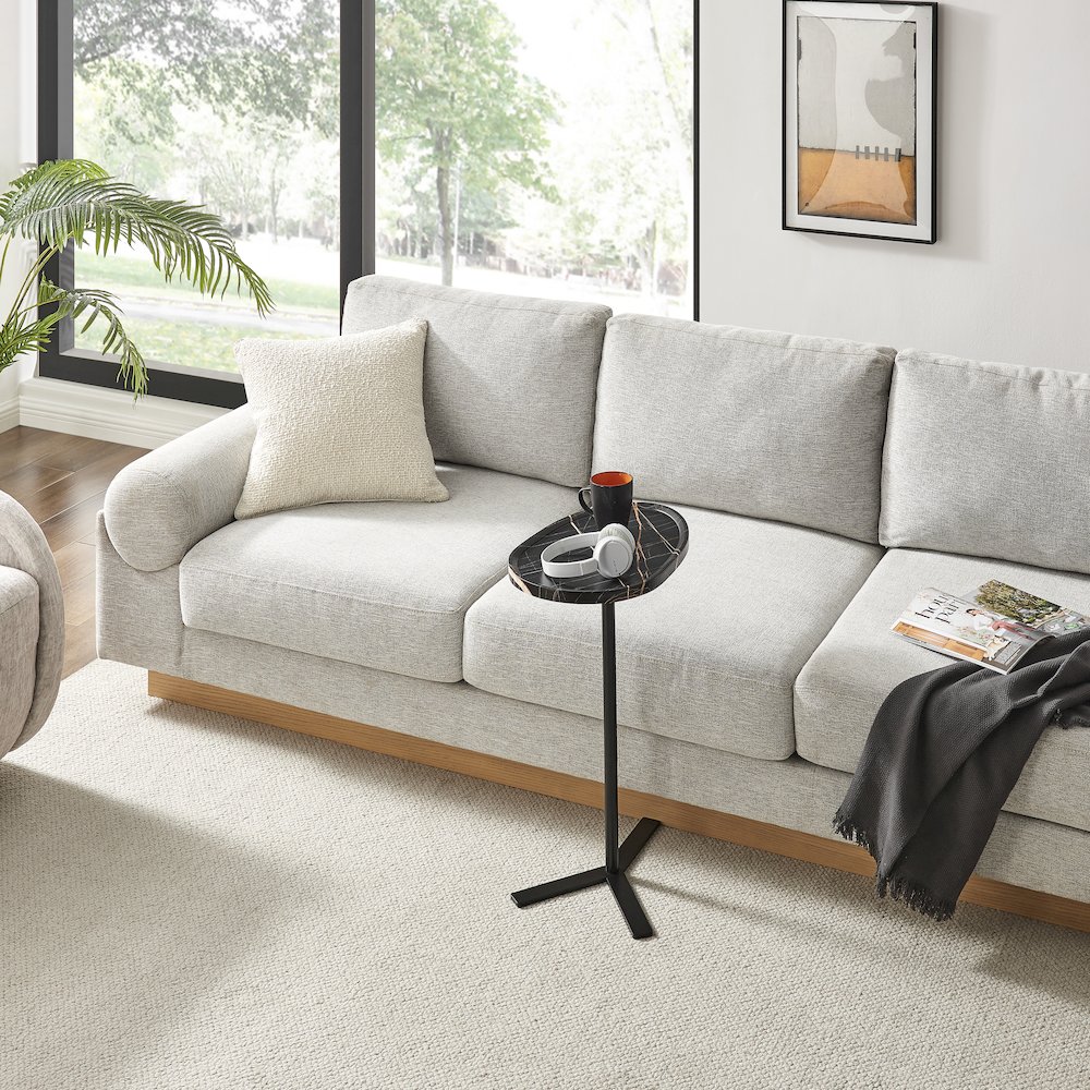Carter Oval Teardrop Couch-Side Accent C-Table Y-Shape Leg - Black Marble/Black. Picture 9