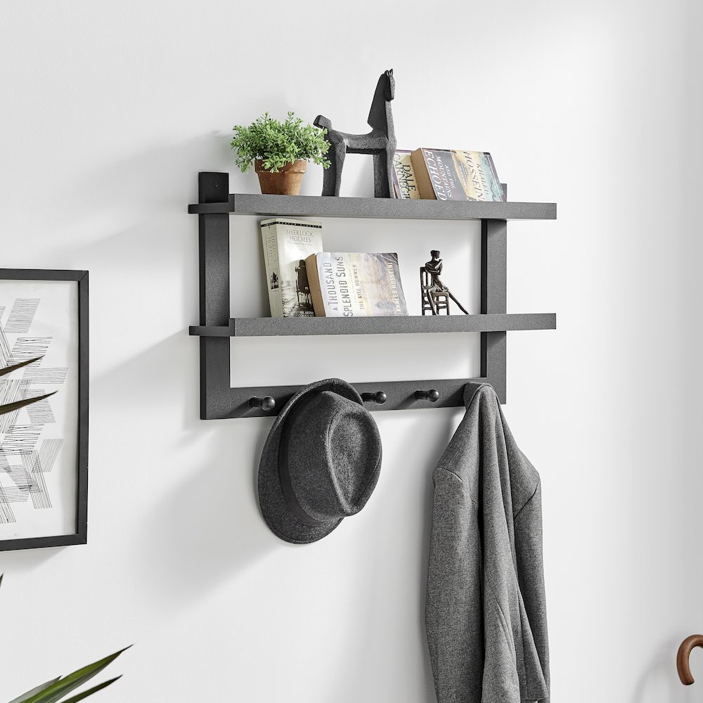 2-Tier Ledge Wall Shelf Organizer with 5 Hanging Coat or Towel Hooks - Black. Picture 3