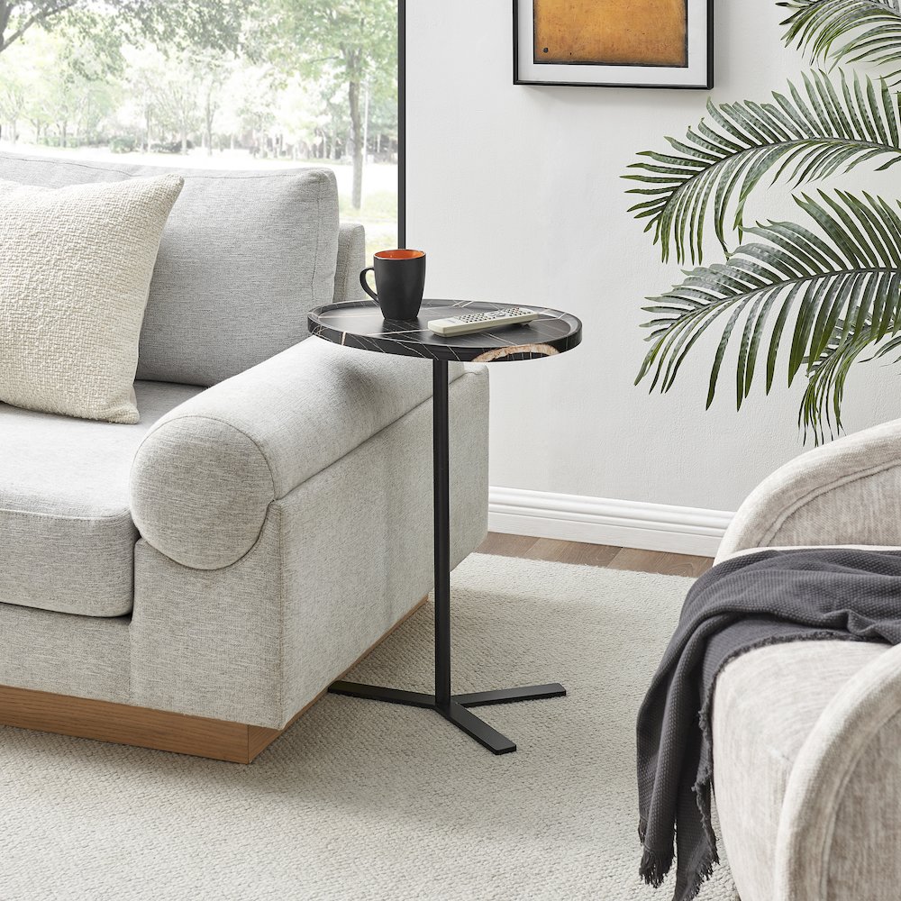 Carter Oval Teardrop Couch-Side Accent C-Table Y-Shape Leg - Black Marble/Black. Picture 2