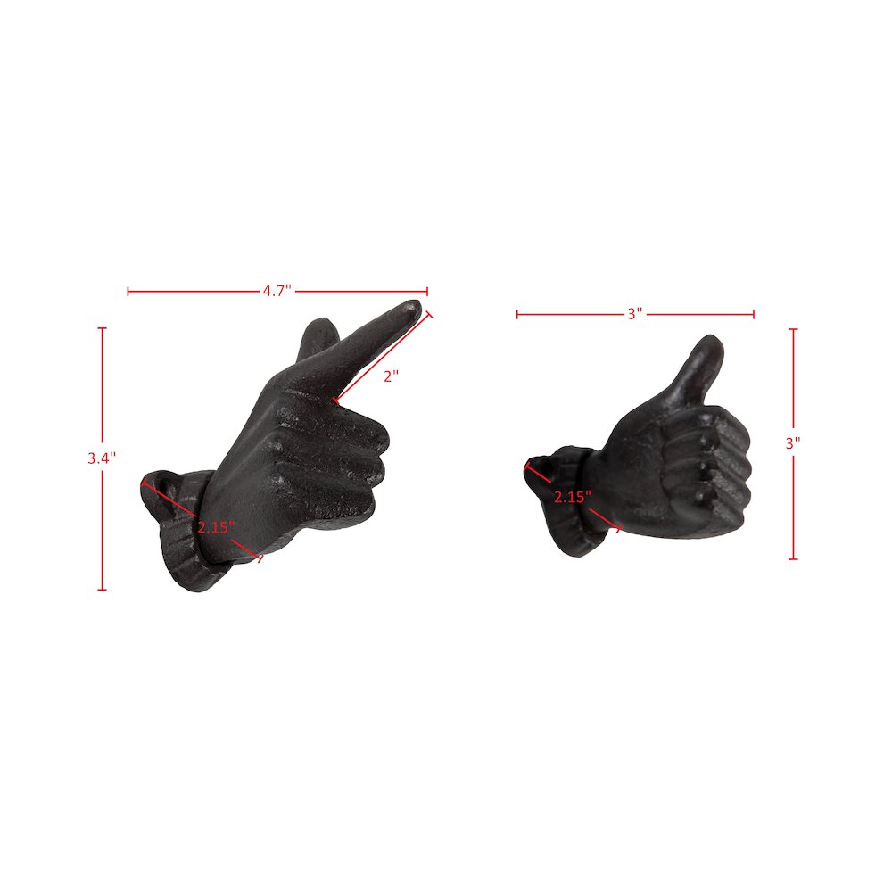 "Thumbs up & Pointing Finger" Brown Cast Iron Wall Mount Hook Set (Set of 2). Picture 2