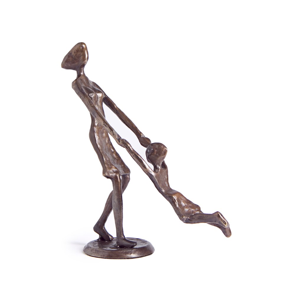 Mother Playing and Swinging Child Cast Bronze Sculpture Figurine. Picture 1