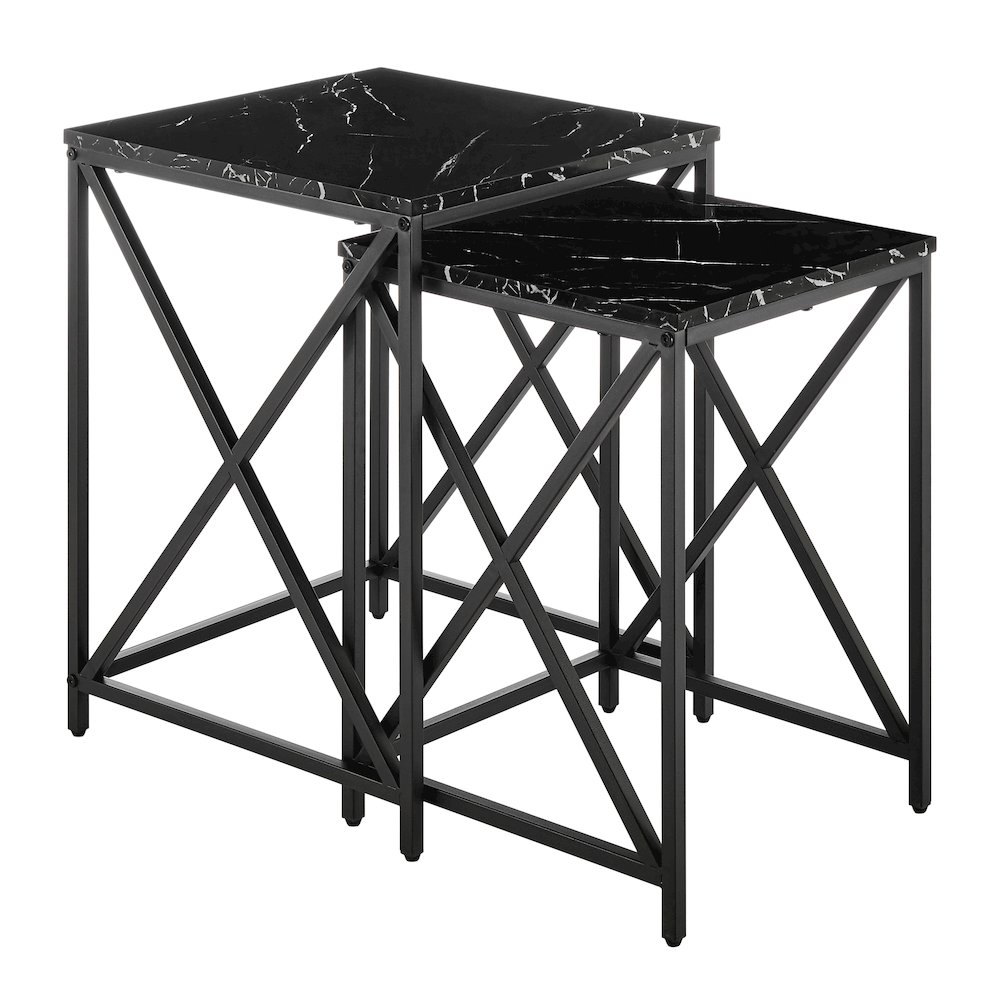 Modern Square Veneer Black Metal Frame Nesting End Tables Black Marble Set of 2. Picture 1