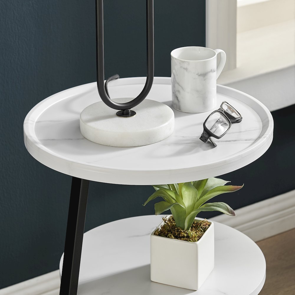 Skylar Round 3-Tier Side Accent Table with Raised Lip Edge - White Marble/Black. Picture 10