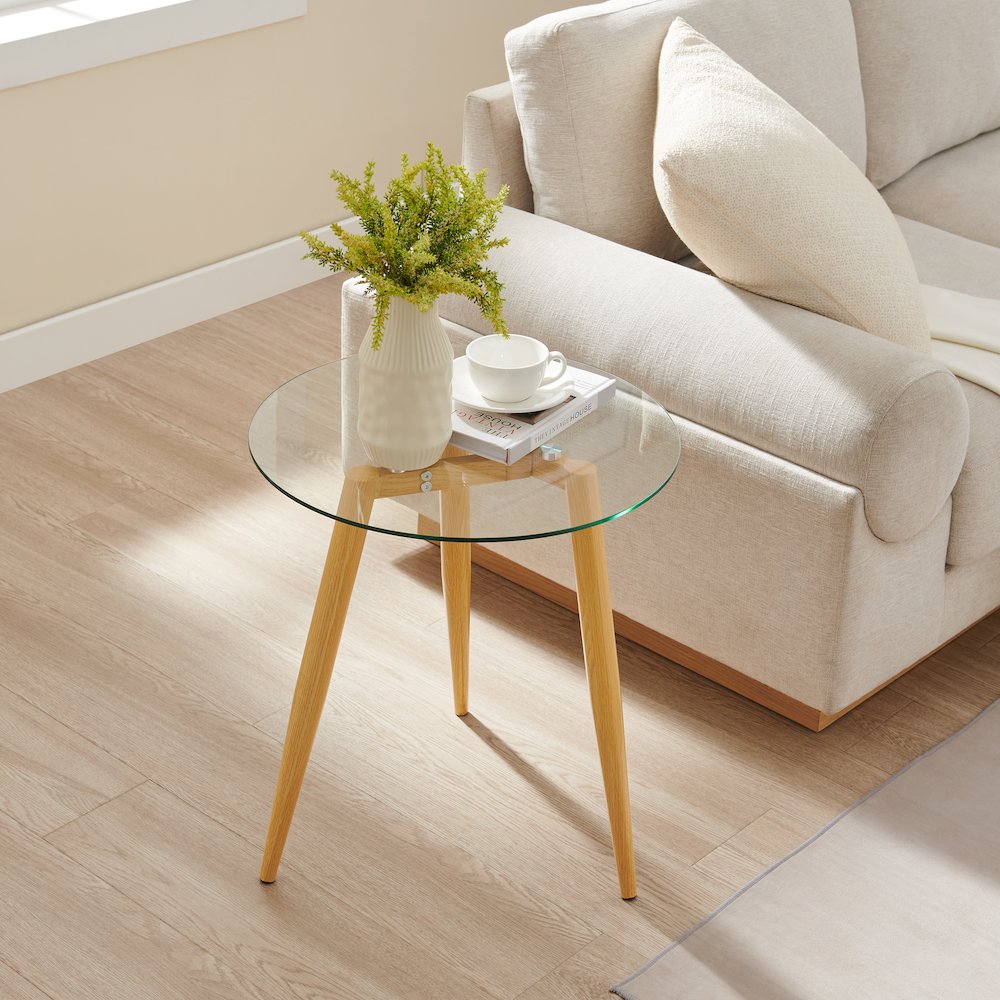 Van Beuren Side Table Modern Metal Taper Legs and Clear Glass Tabletop - Beech. Picture 6