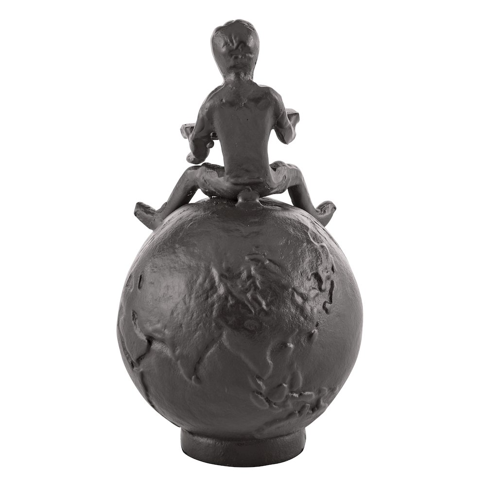Brown Cast Iron Boy Reading on Globe Sculpture or Decorative Paperweight. Picture 9