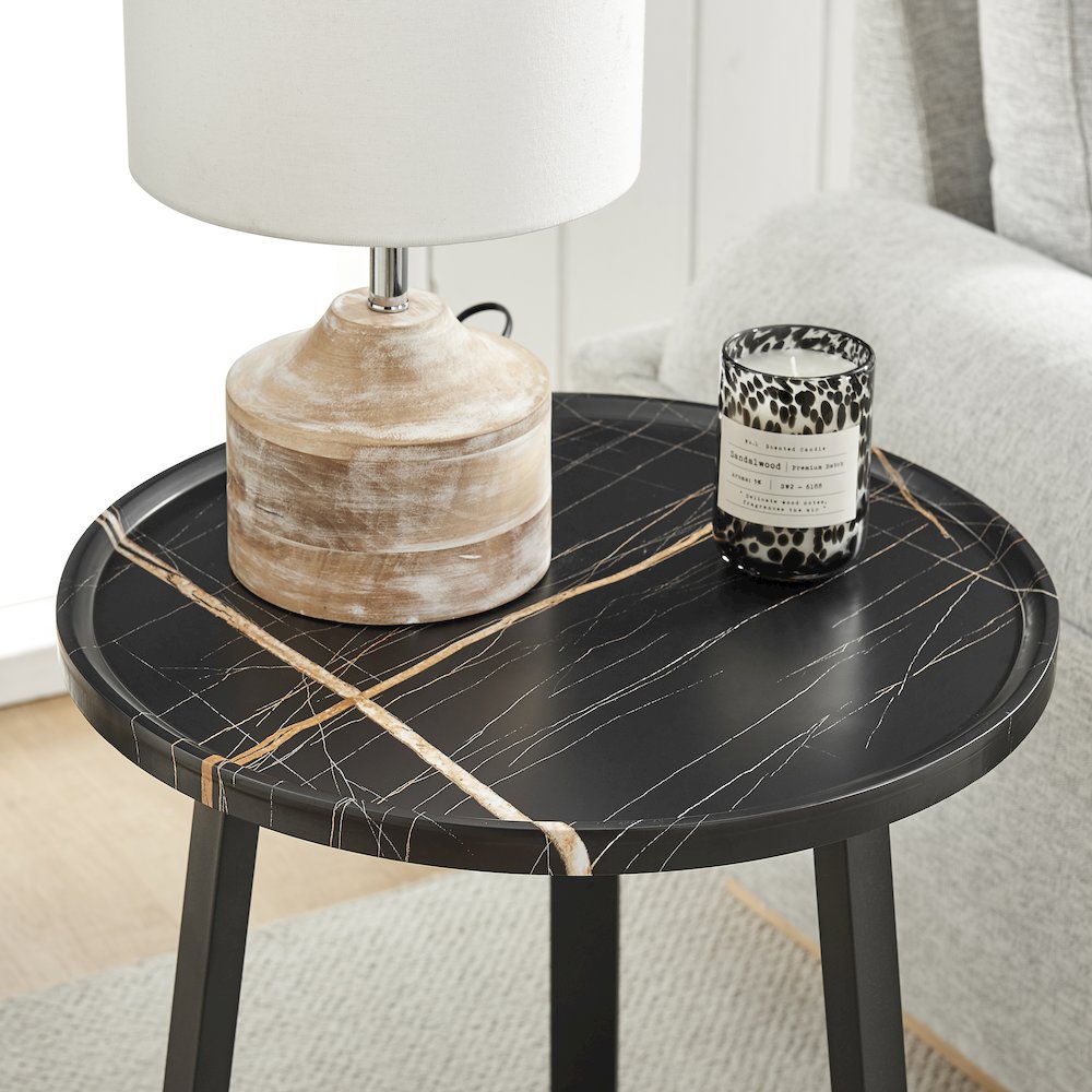 Harper Midcentury Round Raised Lip Edge Side Accent Table - Black Marble/Black. Picture 10